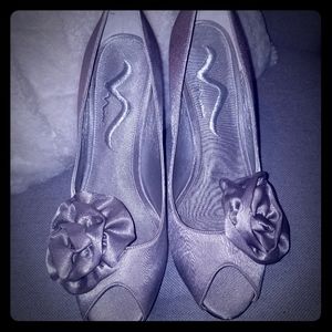 Nina silver satin heels with Rosette shaped accent